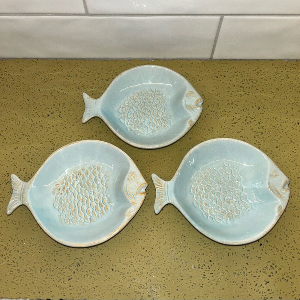 Blue Sky Ceramics Fish Serving Bowls Dishes Bone Dishes 5 3/4" Set of Three 2007